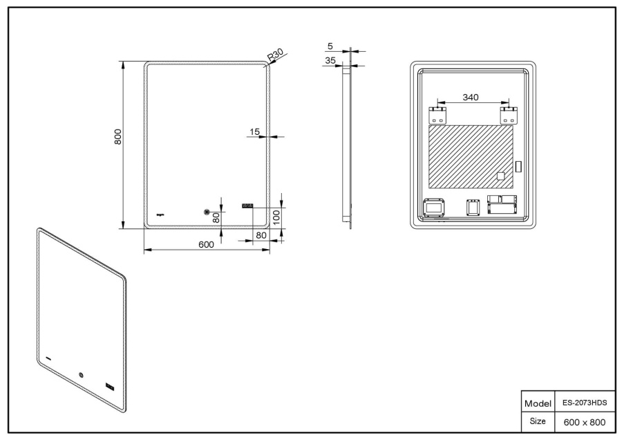 Зеркало 600х800 Led антизапотевание часы Esbano ES-2073HDS