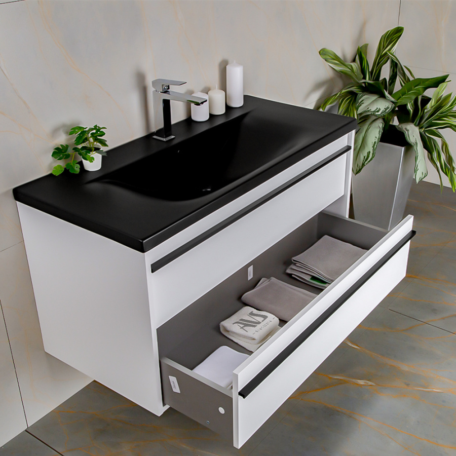 Тумба 1000 2ящ с черной ручкой эмаль Белый мат + раковина Черный мат ГРАФИКА AVS