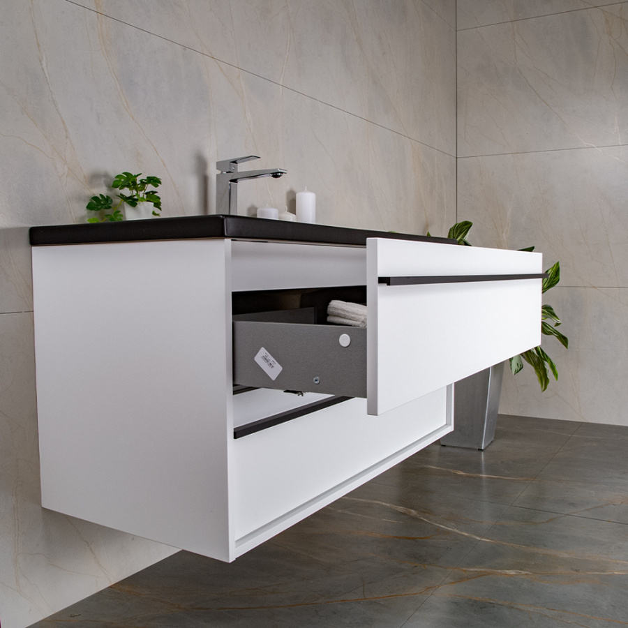 Тумба 1000 2ящ с черной ручкой эмаль Белый мат + раковина Черный мат ГРАФИКА AVS