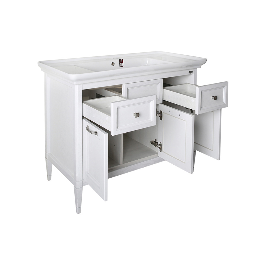 Тумба с раковиной ASB Wood Line Гранда 105 белая, патина серебро