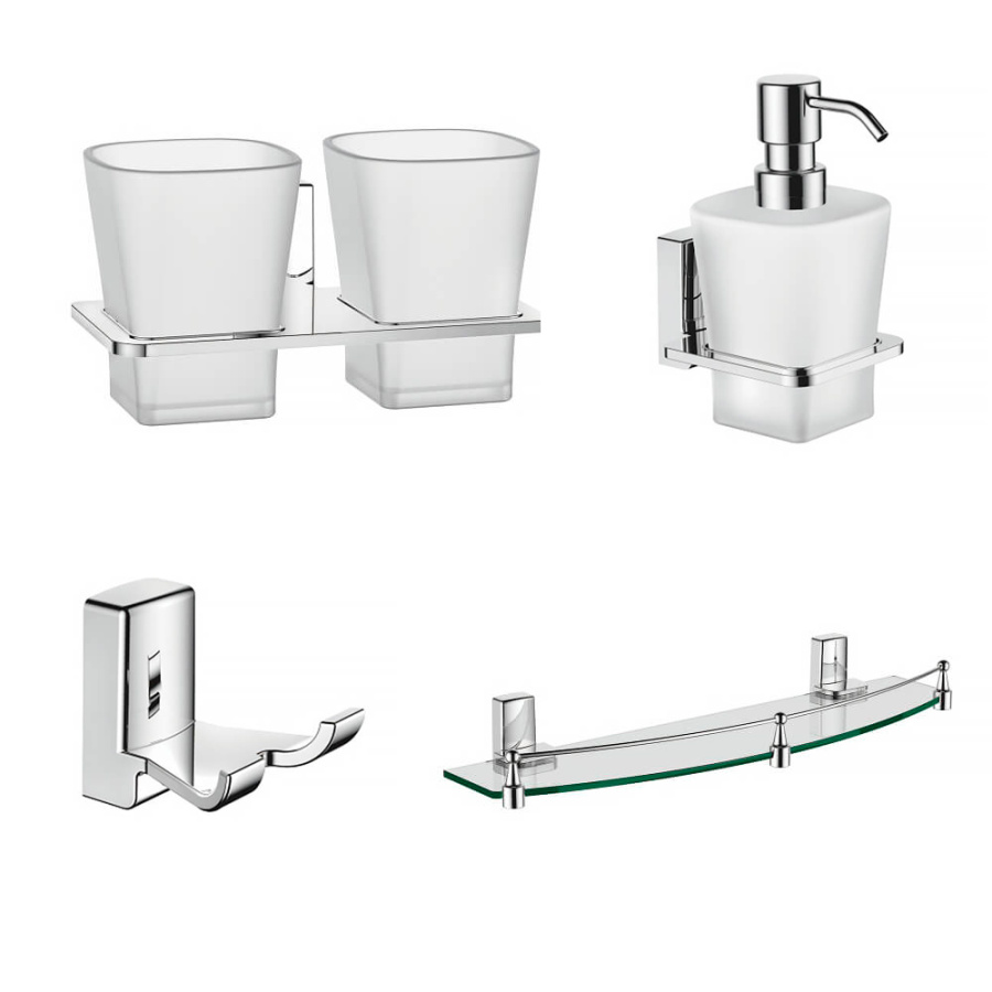 Набор Accoona 125 хром Стакан двойной+Дозатор+Крючок двойной+Полка Набор Accoona 125 хром Стакан двойной+Дозатор+Крючок двойной+Полка