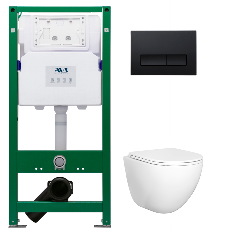 Комплект AVS 3в1: Инсталляция для унитаза 809-0006-7732C + Унитаз подвесной 801-0045-P-T2-GW + Клавиша смыва 809-0011-MB черная, прямоугольные кнопки Комплект AVS 3в1: Инсталляция для унитаза 809-0006-7732C + Унитаз подвесной 801-0045-P-T2-GW + Клавиша смыва 809-0011-MB черная, прямоугольные кнопки