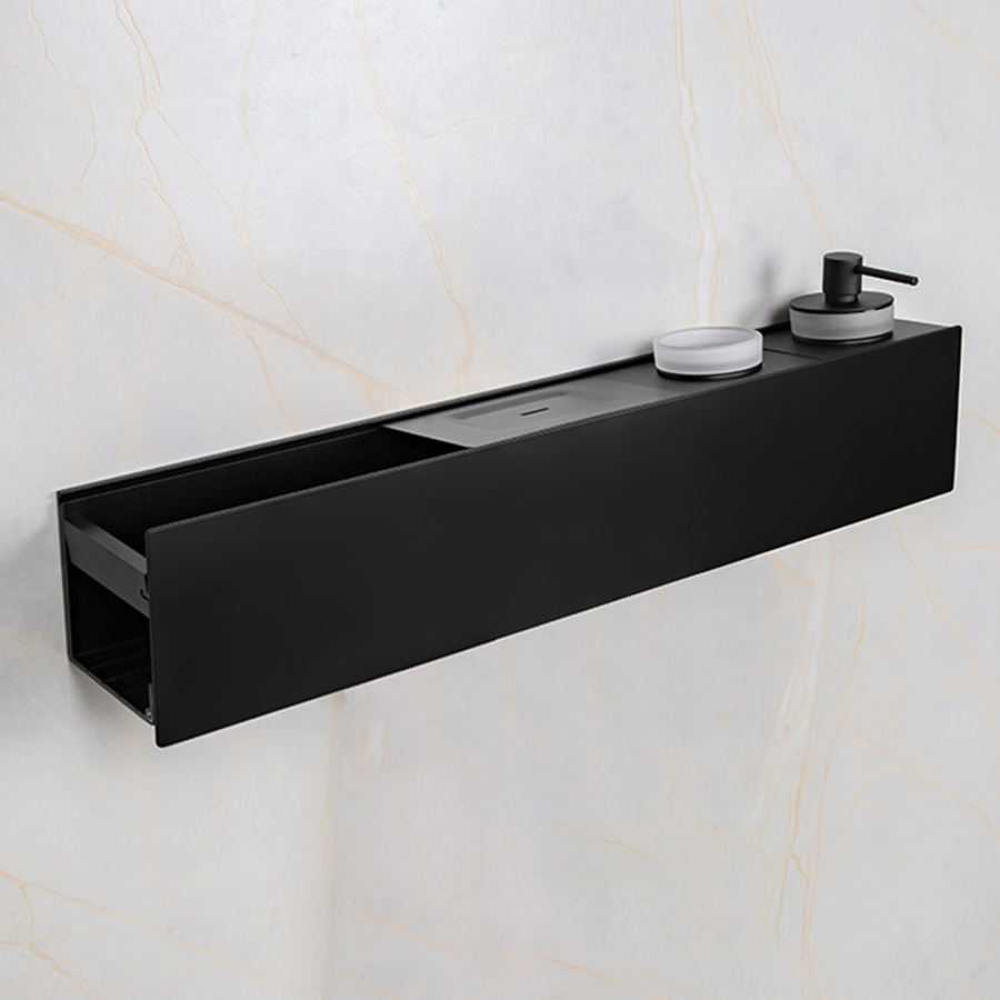 Полка AVS King, 65 см, черный матовый, с мыльницей, дозатором и стаканом Полка AVS King, 65 см, черный матовый, с мыльницей, дозатором и стаканом