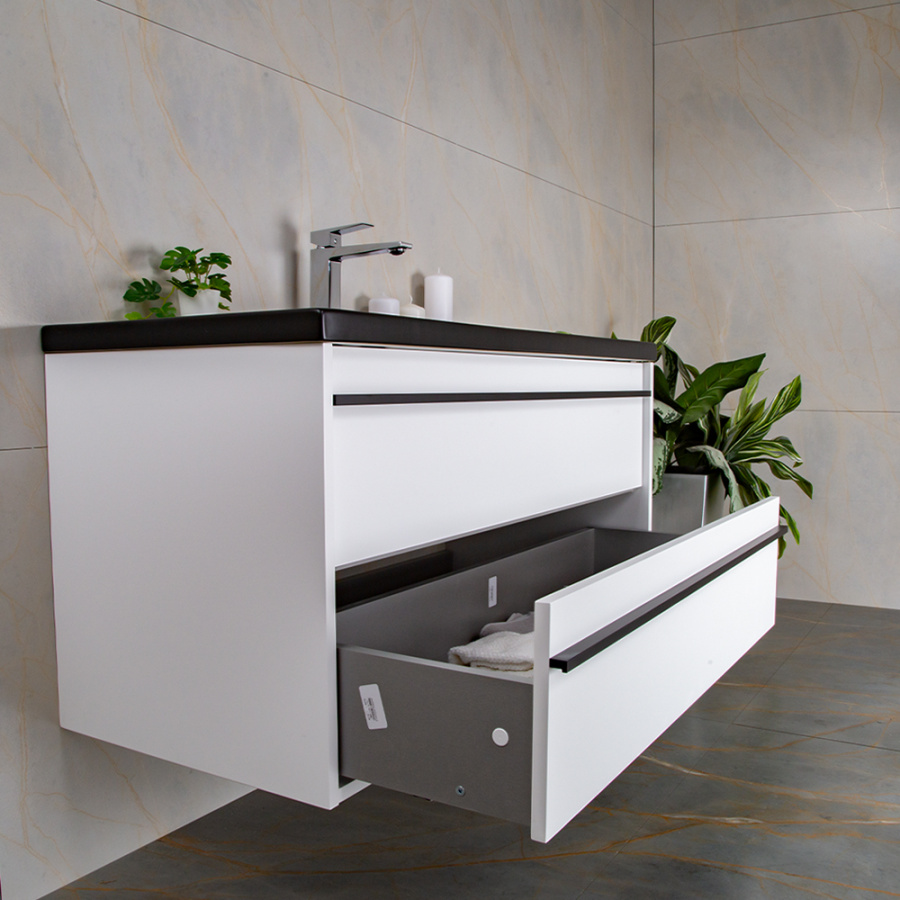 Тумба 1000 2ящ с черной ручкой эмаль Белый мат + раковина Черный мат ГРАФИКА AVS