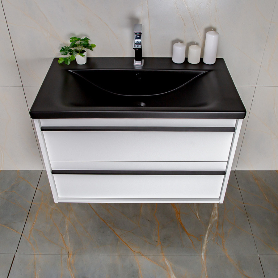 Тумба с раковиной AVS Графика 80 белая матовая с черной ручкой и раковиной Тумба с раковиной AVS Графика 80 белая матовая с черной ручкой и раковиной