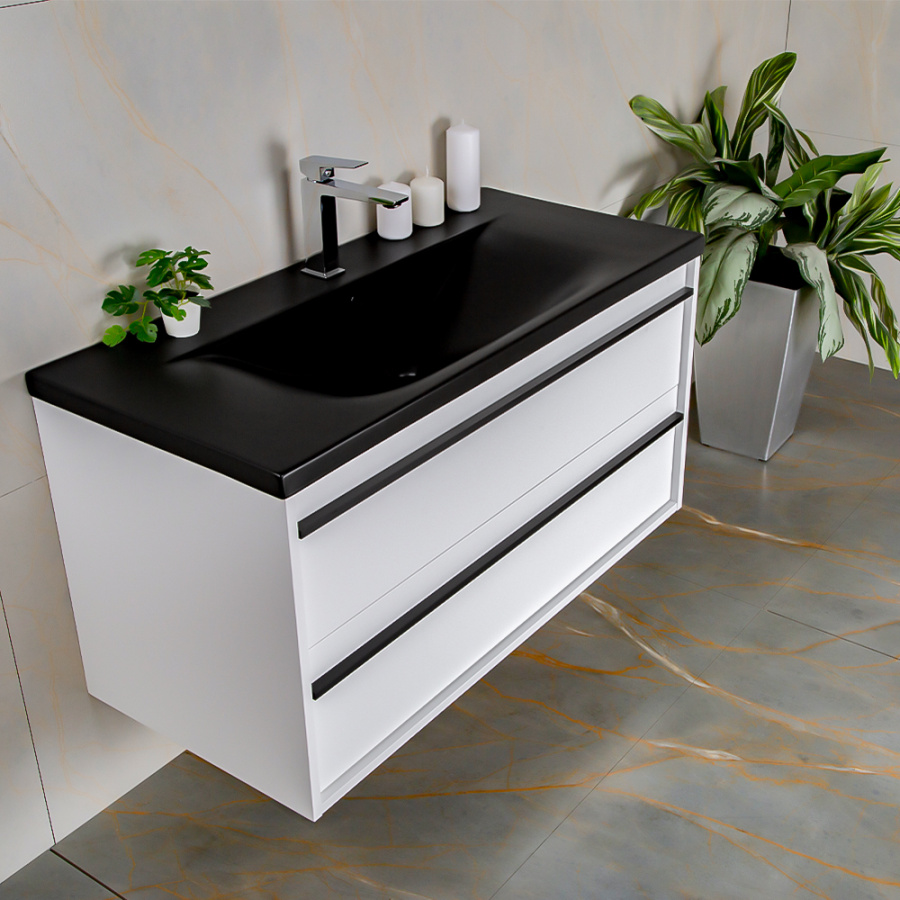 Тумба 1000 2ящ с черной ручкой эмаль Белый мат + раковина Черный мат ГРАФИКА AVS