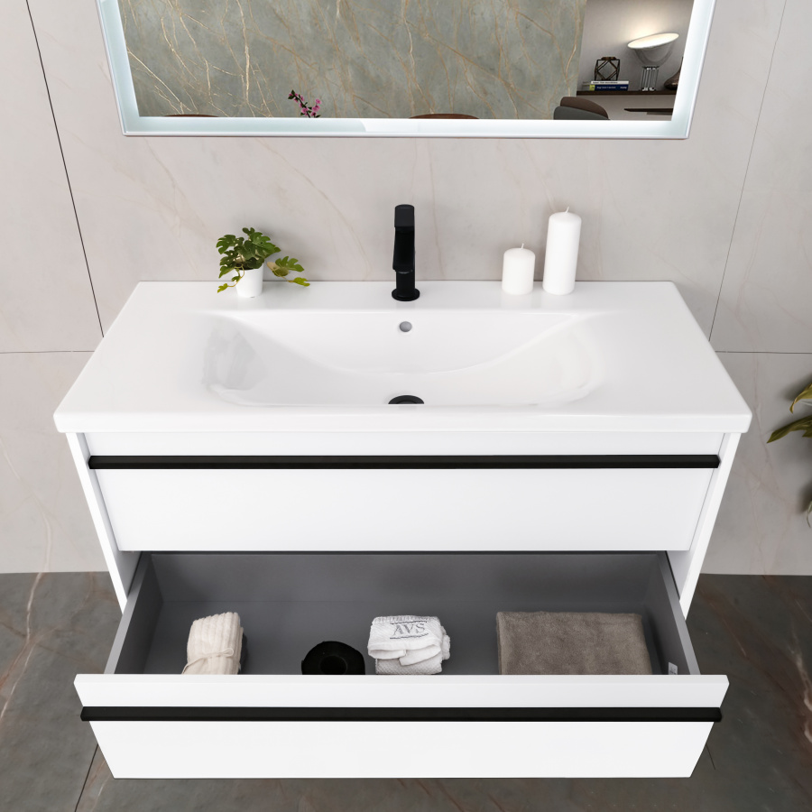 Тумба с раковиной AVS Графика 100 белая матовая с черными ручками Тумба с раковиной AVS Графика 100 белая матовая с черными ручками