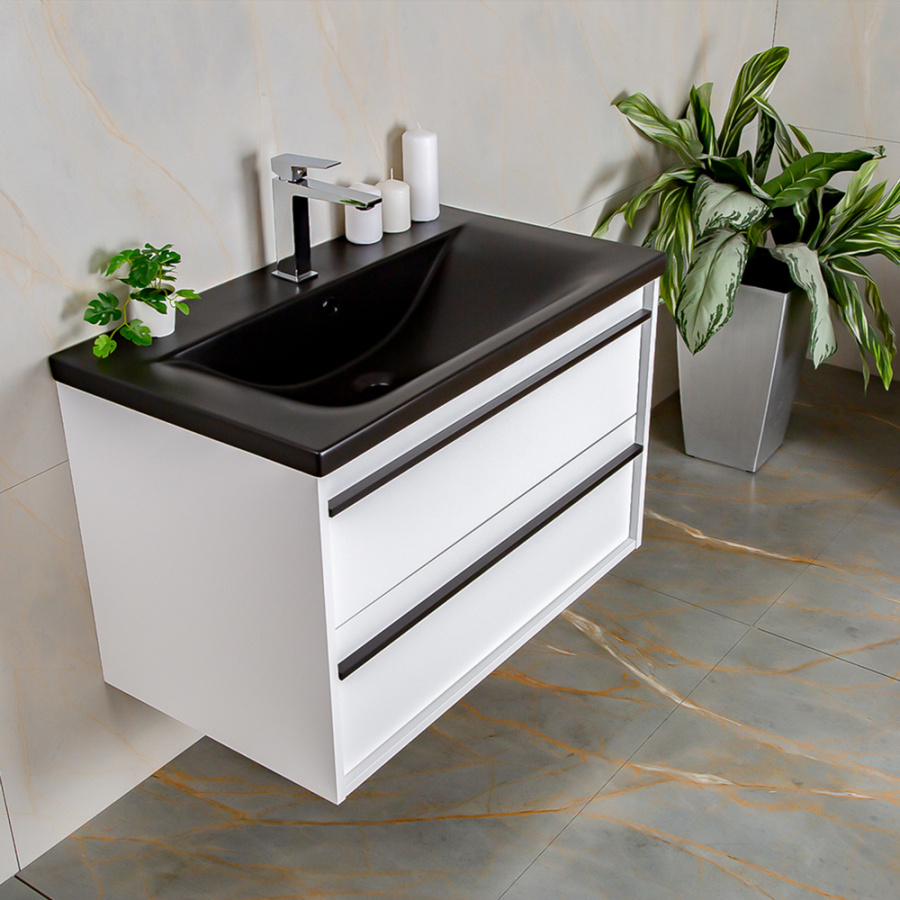 Тумба с раковиной AVS Графика 80 белая матовая с черной ручкой и раковиной Тумба с раковиной AVS Графика 80 белая матовая с черной ручкой и раковиной