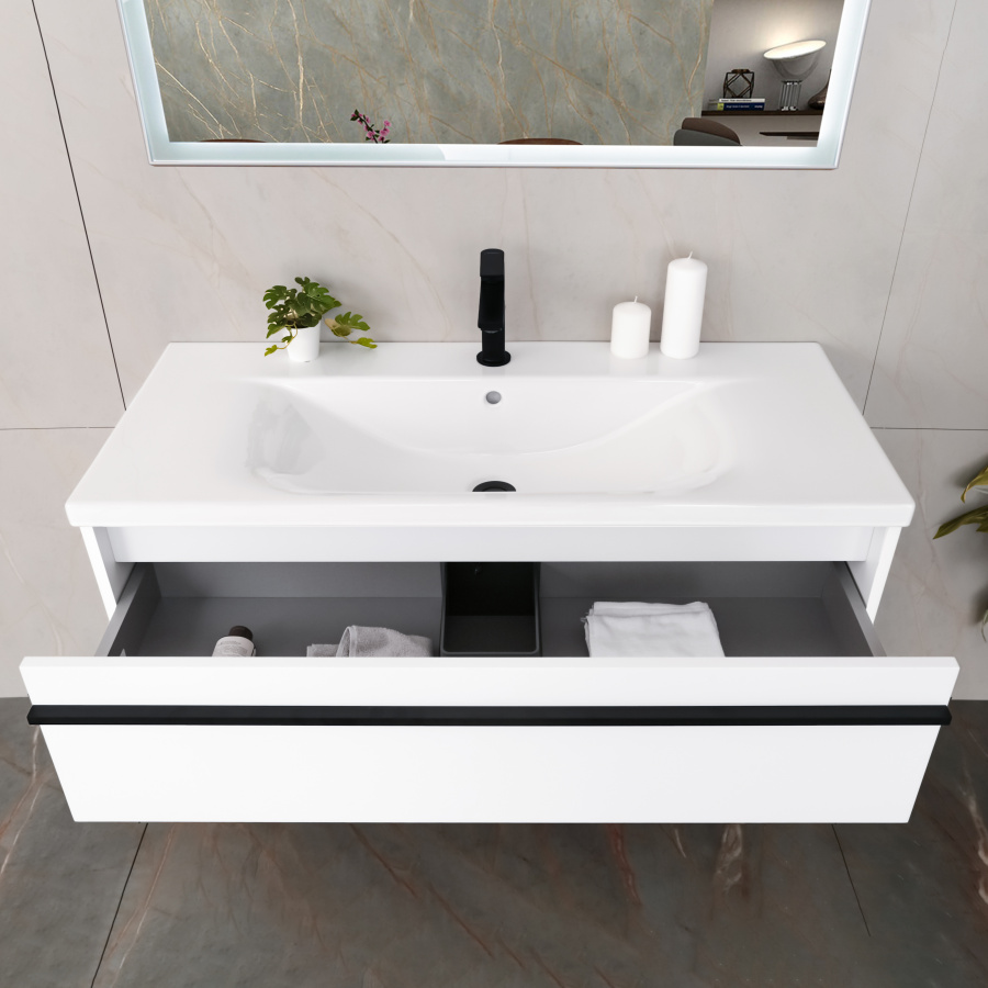 Тумба с раковиной AVS Графика 100 белая матовая с черными ручками Тумба с раковиной AVS Графика 100 белая матовая с черными ручками