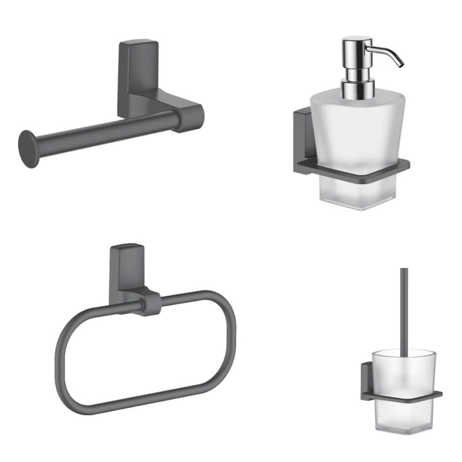 Набор Accoona 125AT графит Ершик+Дозатор+Бумагодержатель открытый+Полотенцедержатель-кольцо Набор Accoona 125AT графит Ершик+Дозатор+Бумагодержатель открытый+Полотенцедержатель-кольцо
