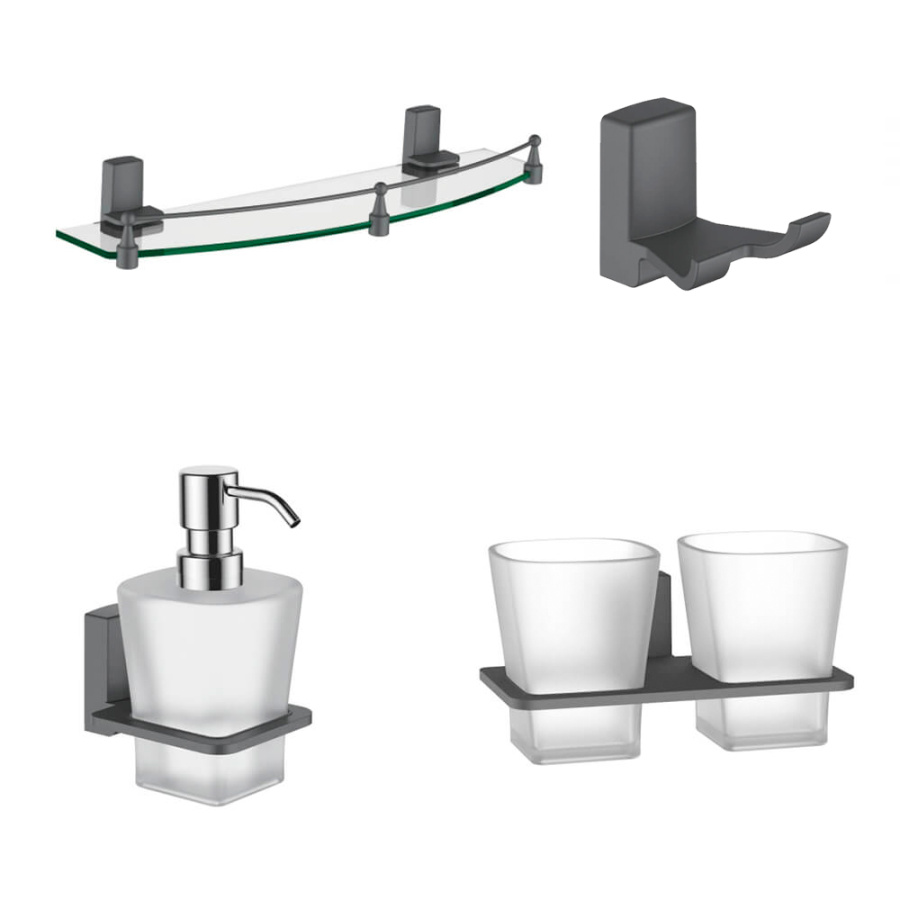 Набор Accoona 125AT графит Стакан двойной+Дозатор+Крючок двойной+Полка Набор Accoona 125AT графит Стакан двойной+Дозатор+Крючок двойной+Полка