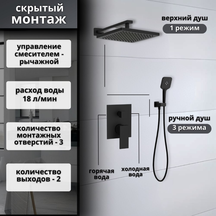 Душевой комплект AVS Cube 3в1черный матовый Душевой комплект AVS Cube 3в1черный матовый