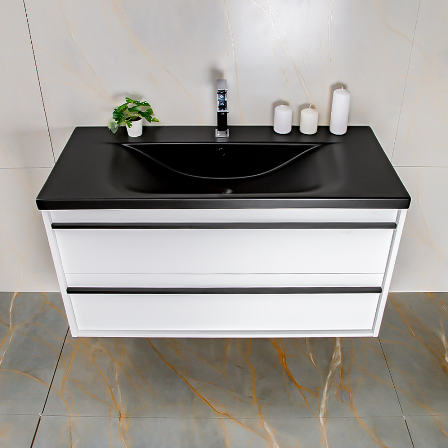 Тумба 1000 2ящ с черной ручкой эмаль Белый мат + раковина Черный мат ГРАФИКА AVS