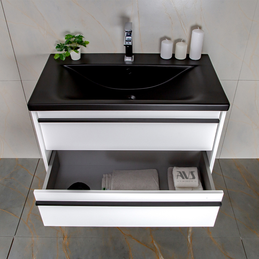 Тумба с раковиной AVS Графика 80 белая матовая с черной ручкой и раковиной Тумба с раковиной AVS Графика 80 белая матовая с черной ручкой и раковиной