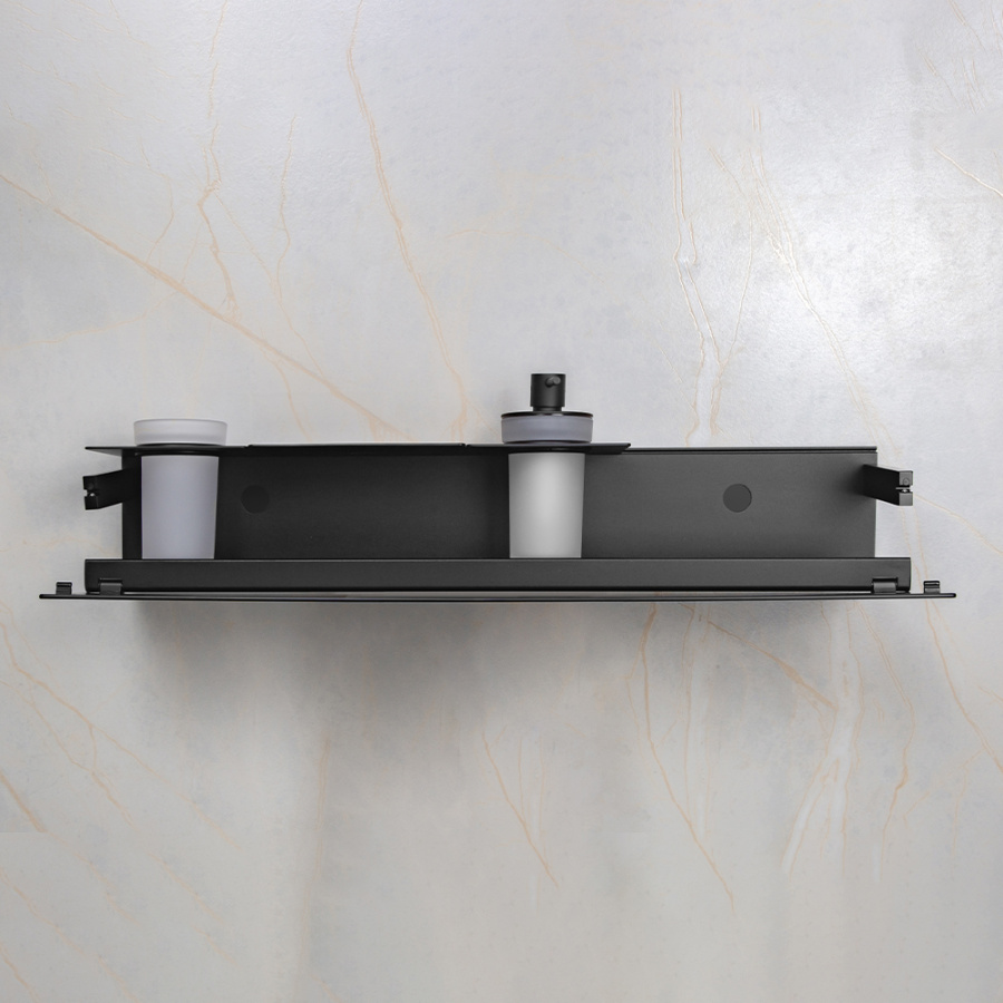 Полка AVS King, 65 см, черный матовый, с мыльницей, дозатором и стаканом Полка AVS King, 65 см, черный матовый, с мыльницей, дозатором и стаканом