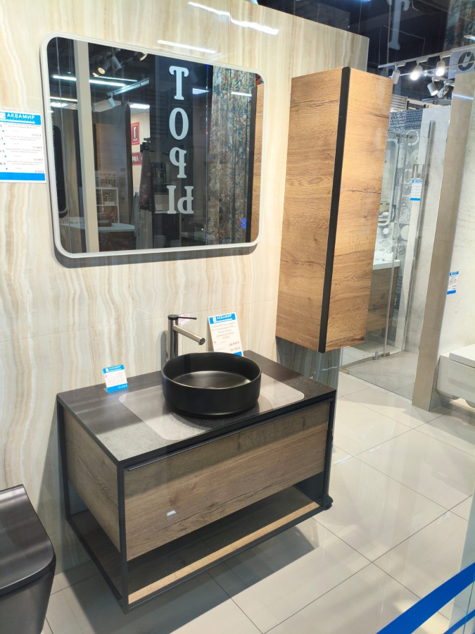 Тумба 900 1ящ подвес со столешницей HPL + Пенал Аттик древесный Steal JORNO Тумба 900 1ящ подвес со столешницей HPL + Пенал Аттик древесный Steal JORNO