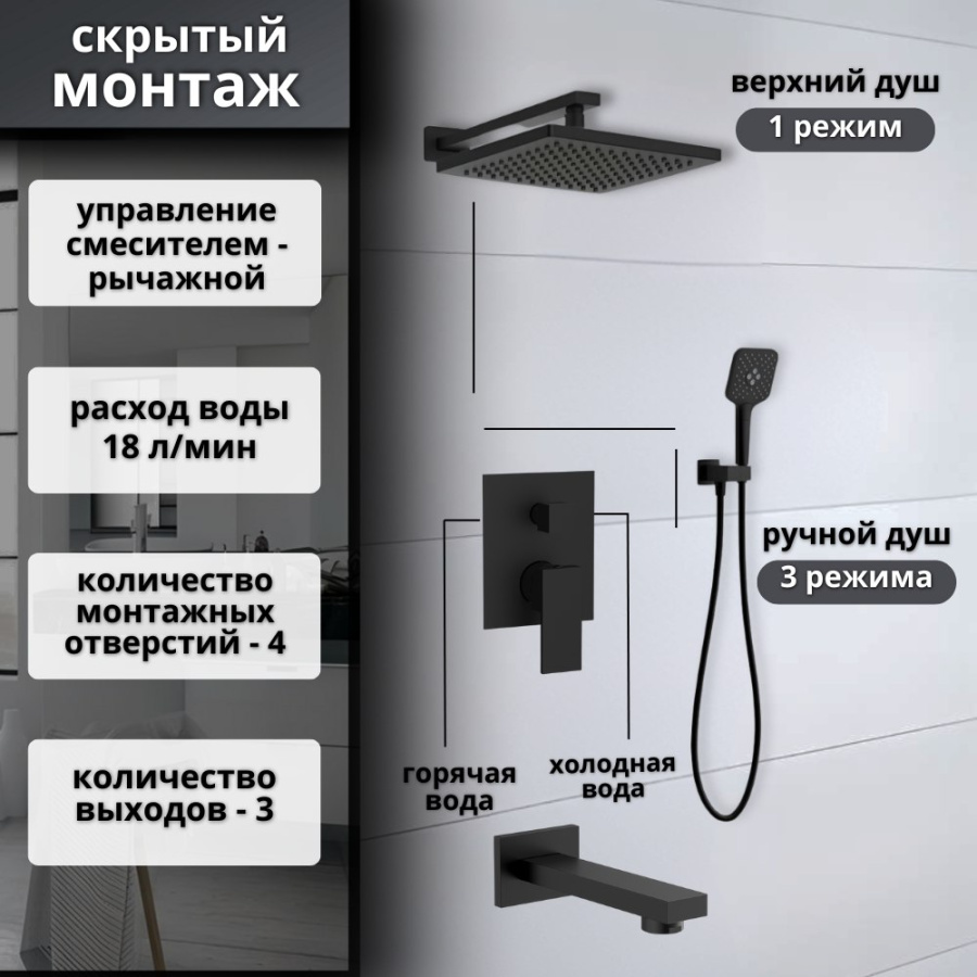 Душевой комплект AVS Cube 4в1черный матовый Душевой комплект AVS Cube 4в1черный матовый