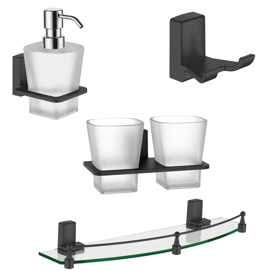 Набор Accoona 125F черный Стакан двойной+Дозатор+Крючок двойной+Полка Набор Accoona 125F черный Стакан двойной+Дозатор+Крючок двойной+Полка