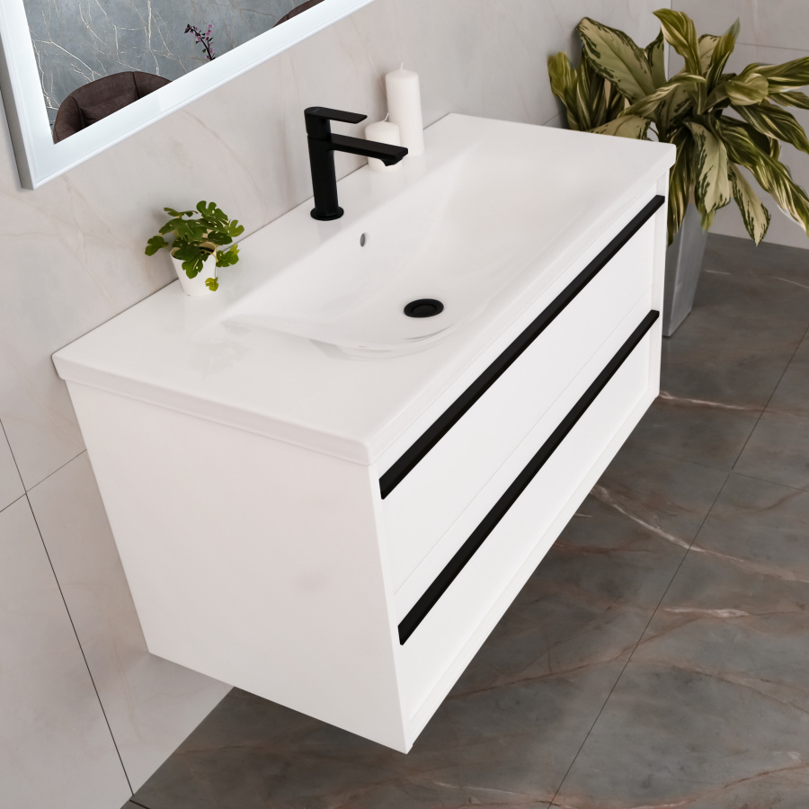 Тумба с раковиной AVS Графика 100 белая матовая с черными ручками Тумба с раковиной AVS Графика 100 белая матовая с черными ручками