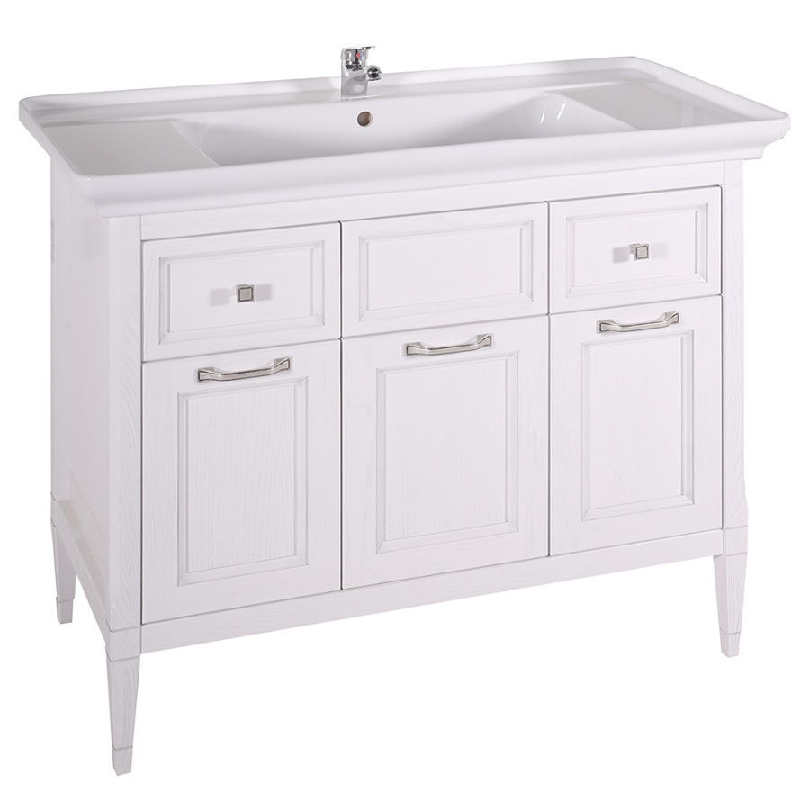 Тумба с раковиной ASB Wood Line Гранда 105 белая, патина серебро