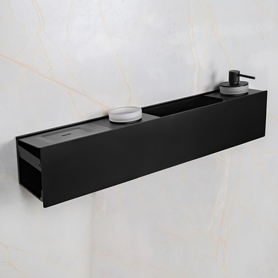 Полка AVS King, 65 см, черный матовый, с мыльницей, дозатором и стаканом Полка AVS King, 65 см, черный матовый, с мыльницей, дозатором и стаканом