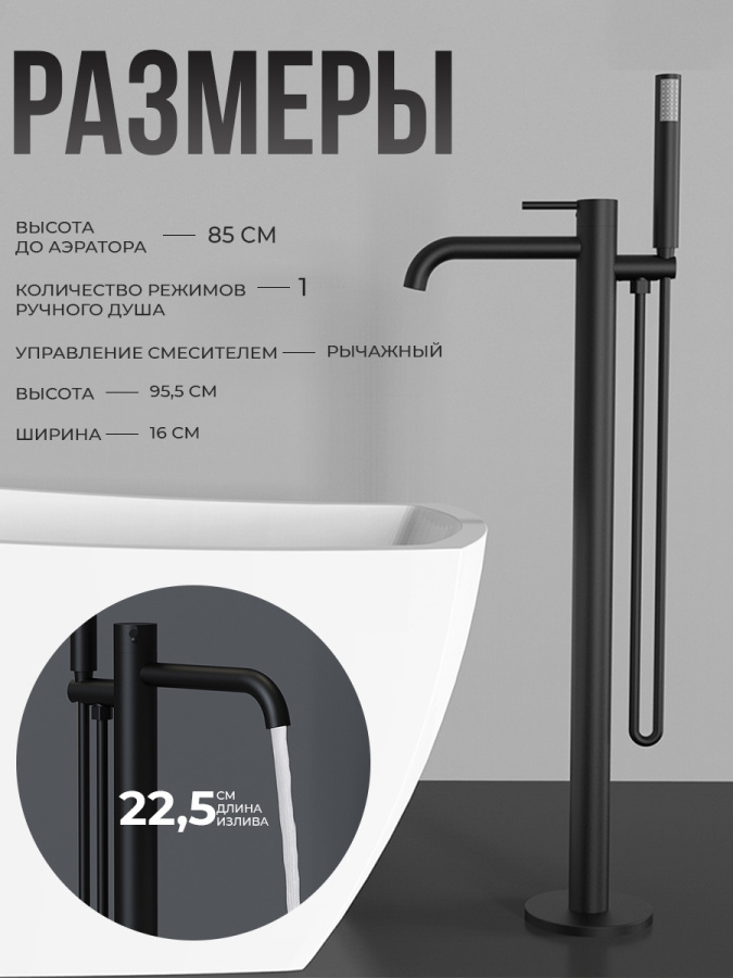 Смеситель для ванны с душем AVS Slimmer напольный, черный матовый