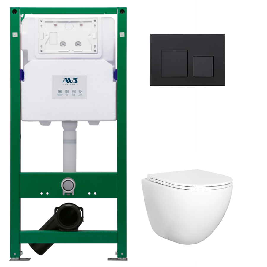 Комплект AVS 3в1: Инсталляция для унитаза 809-0006-7732C + Унитаз подвесной 801-0045-P-T2-GW + Клавиша смыва 809-0013-MB черная, квадратные кнопки Комплект AVS 3в1: Инсталляция для унитаза 809-0006-7732C + Унитаз подвесной 801-0045-P-T2-GW + Клавиша смыва 809-0013-MB черная, квадратные кнопки