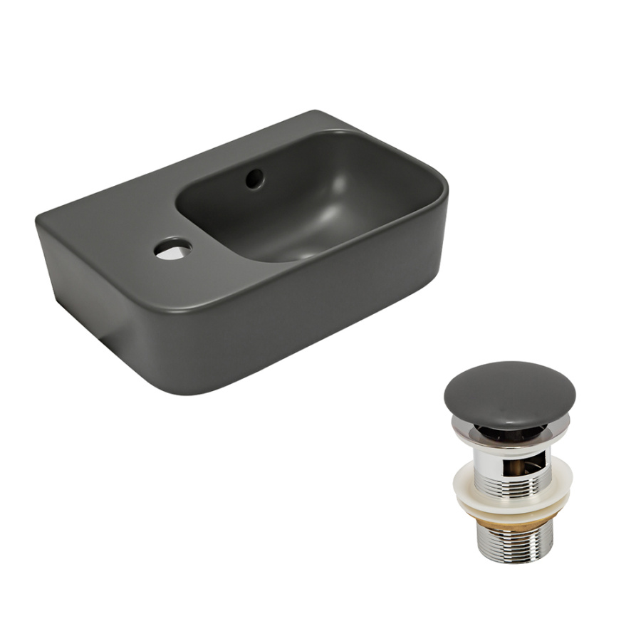Рукомойник AVS Грэйс 37x25 R, темно-серый матовый с донным клапаном