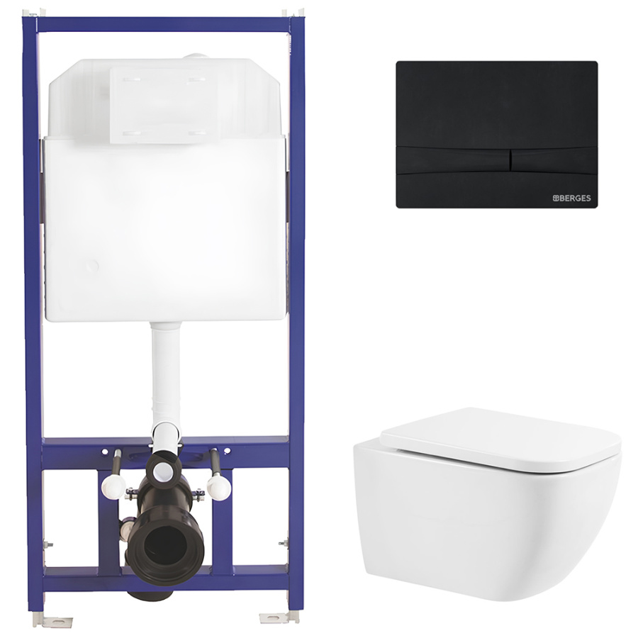 Комплект BelBagno 3в1: Инсталляция Berges 040000 + Унитаз подвесной BB10100CHR + Кнопка смыва Berges 040055 черная матовая Комплект BelBagno 3в1: Инсталляция Berges 040000 + Унитаз подвесной BB10100CHR + Кнопка смыва Berges 040055 черная матовая