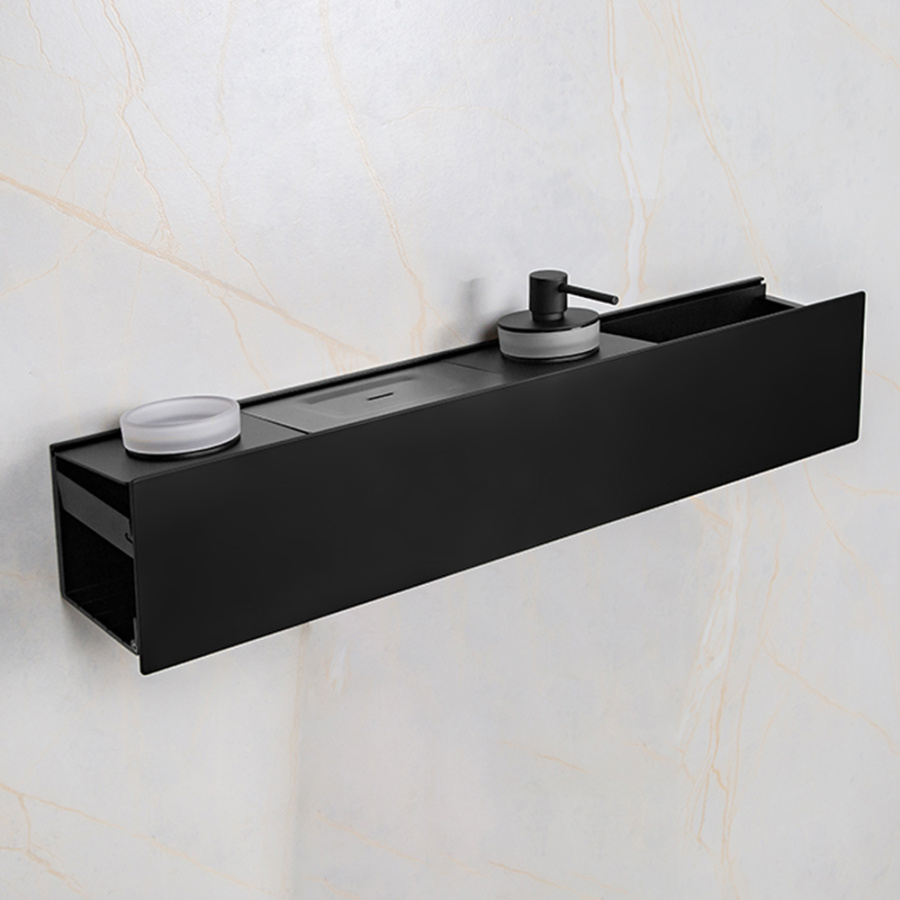 Полка AVS King, 65 см, черный матовый, с мыльницей, дозатором и стаканом Полка AVS King, 65 см, черный матовый, с мыльницей, дозатором и стаканом