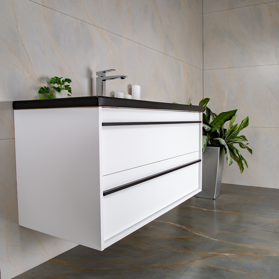 Тумба 1000 2ящ с черной ручкой эмаль Белый мат + раковина Черный мат ГРАФИКА AVS