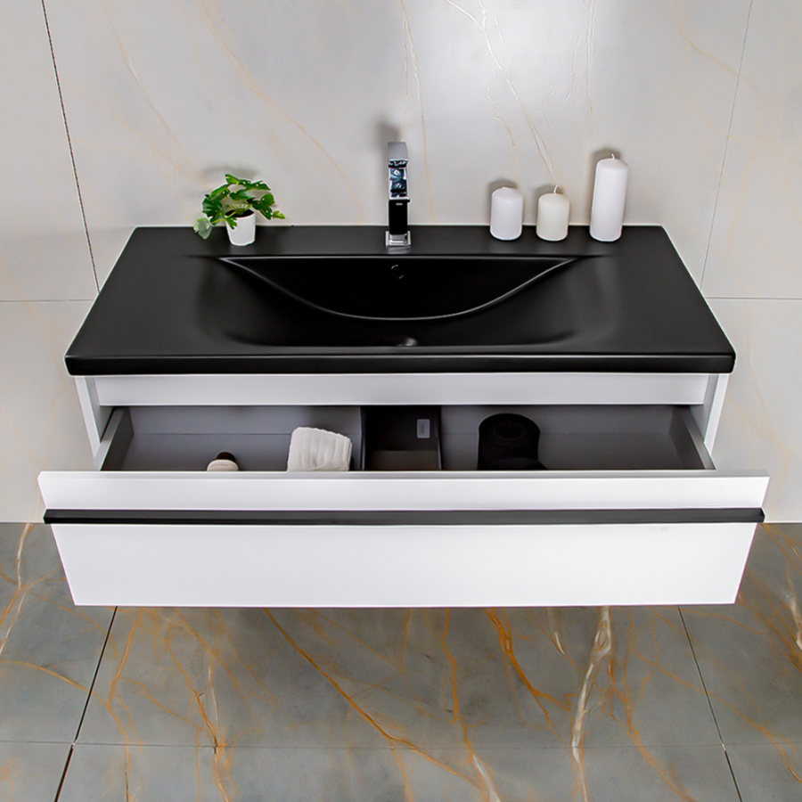 Тумба 1000 2ящ с черной ручкой эмаль Белый мат + раковина Черный мат ГРАФИКА AVS