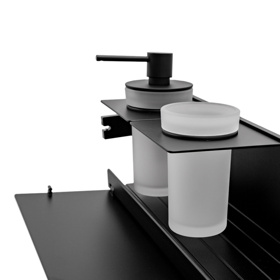 Полка AVS King, 45 см, черный матовый, с дозатором и стаканом Полка AVS King, 45 см, черный матовый, с дозатором и стаканом