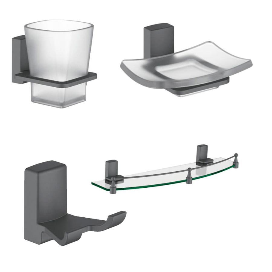 Набор Accoona 125AT графит Стакан+Мыльница+Крючок двойной+Полка Набор Accoona 125AT графит Стакан+Мыльница+Крючок двойной+Полка