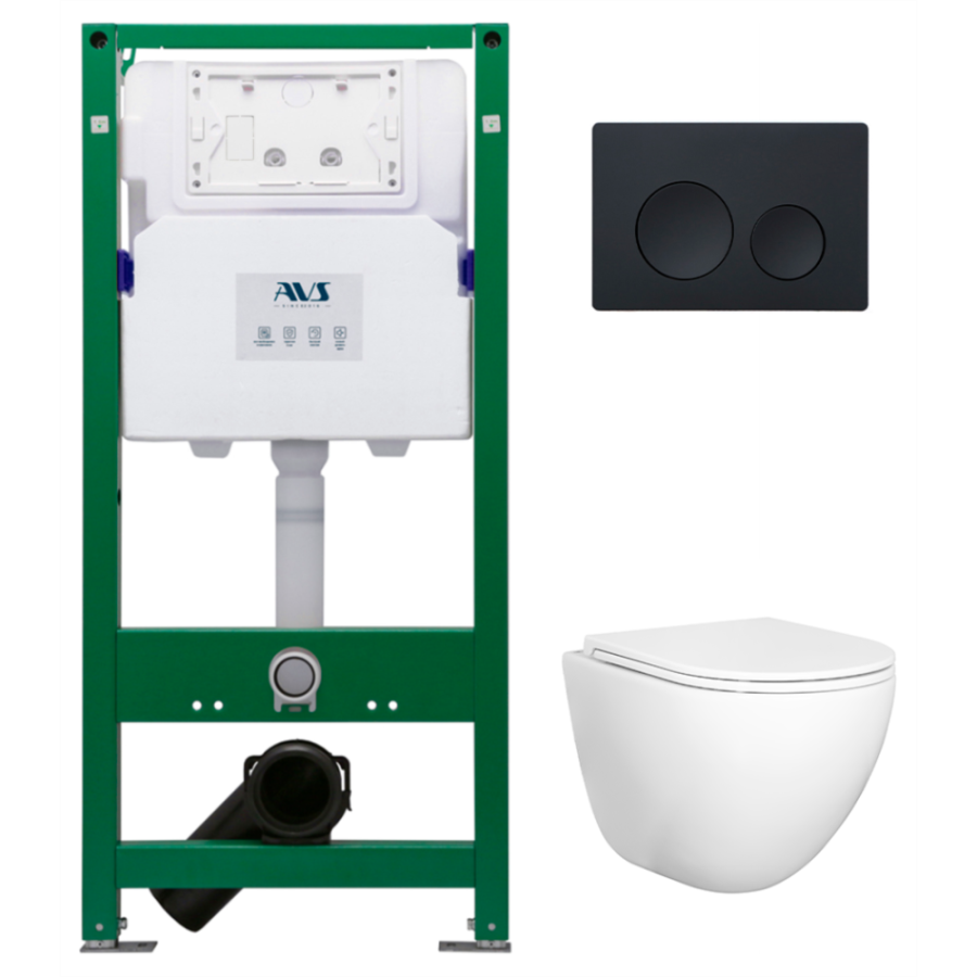 Комплект AVS 3в1: Инсталляция для унитаза 809-0006-7732C + Унитаз подвесной 801-0045-P-T2-GW + Клавиша смыва 809-0012-MB черная, круглые кнопки Комплект AVS 3в1: Инсталляция для унитаза 809-0006-7732C + Унитаз подвесной 801-0045-P-T2-GW + Клавиша смыва 809-0012-MB черная, круглые кнопки