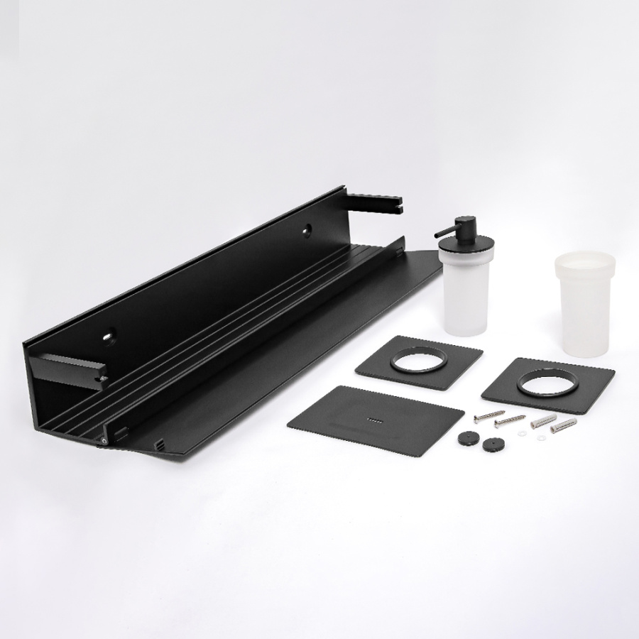 Полка AVS King, 65 см, черный матовый, с мыльницей, дозатором и стаканом Полка AVS King, 65 см, черный матовый, с мыльницей, дозатором и стаканом