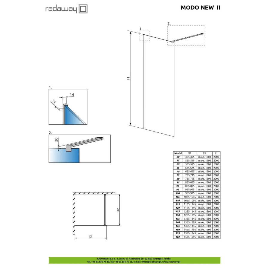 Душевая перегородка Radaway Modo New II 50 профиль хром, стекло прозрачное