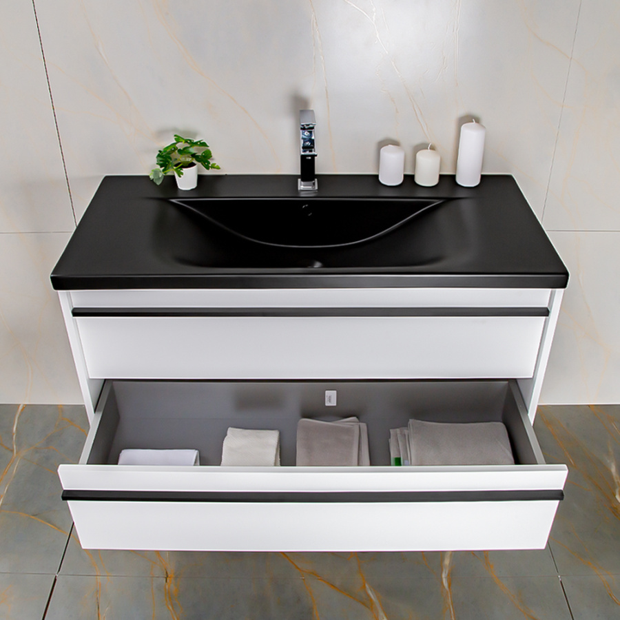 Тумба 1000 2ящ с черной ручкой эмаль Белый мат + раковина Черный мат ГРАФИКА AVS