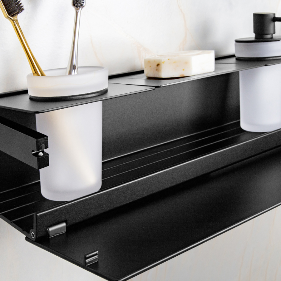 Полка AVS King, 65 см, черный матовый, с мыльницей, дозатором и стаканом Полка AVS King, 65 см, черный матовый, с мыльницей, дозатором и стаканом