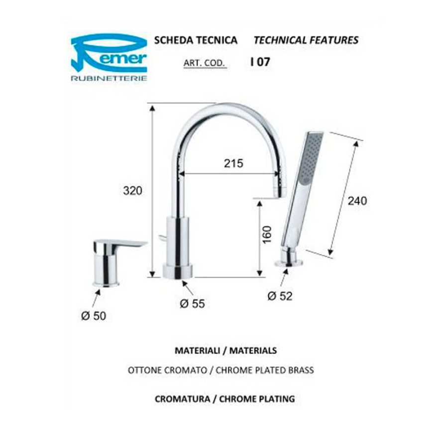 Смеситель на борт ванны Remer Infinity I07 хром