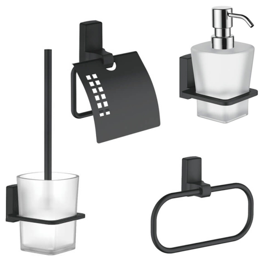 Набор Accoona 125F черный Ершик+Дозатор+Бумагодержатель закрытый+Полотенцедержатель-кольцо