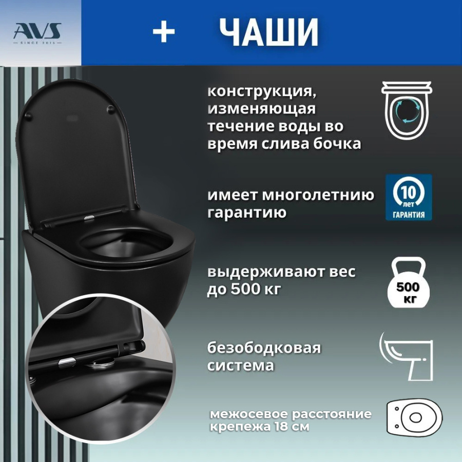 Унитаз подвесной AVS Сити безободковый, черный матовый